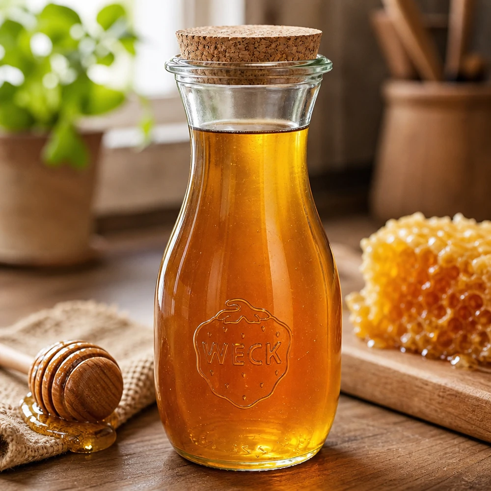 WECK Glasflasche 530ml mit Honig gefüllt neben Wabenhonig und Honiglöffel auf Holzbrett rustikale Küche