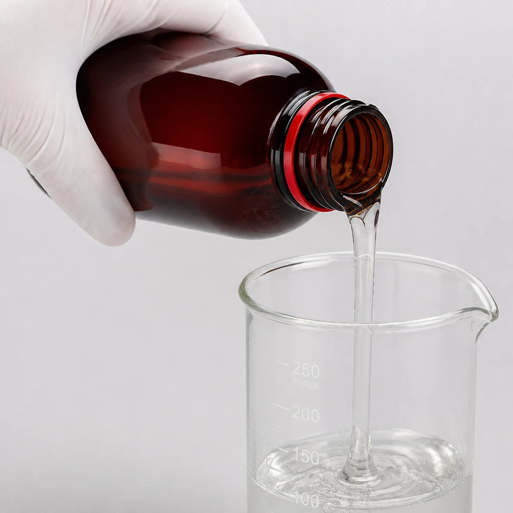 Jantarově zbarvená PET láhev o objemu 250 ml s červeným uzávěrem je naplněna čirou kapalinou do kádinky