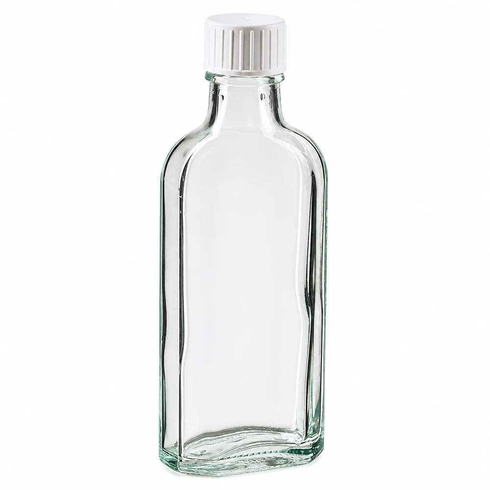 100 ml čirý šroubovací uzávěr Meplat s nalévacím kroužkem. 100ml Meplat Flasche aus klarem Glas mit Gießring ideal für Flüssigkeiten