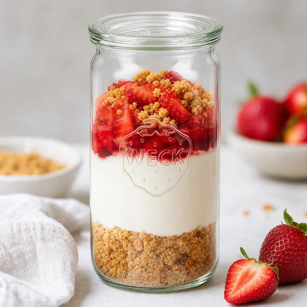 340ml cylindrická dóza se skleněným víčkem WECK RR60 WECK 340ml Zylinderglas RR60 mit Erdbeer-Dessert-Schichtung Keksboden Creme und Früchten als Parfait-Inspiration