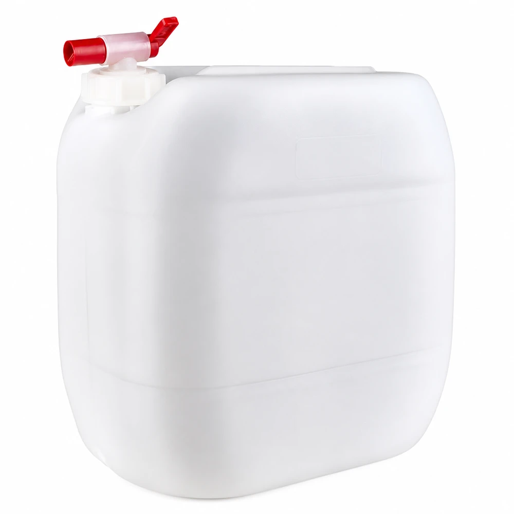 30 Liter Vorratskanne aus weißem Polyethylen mit rotem Hahn und Griffmulde