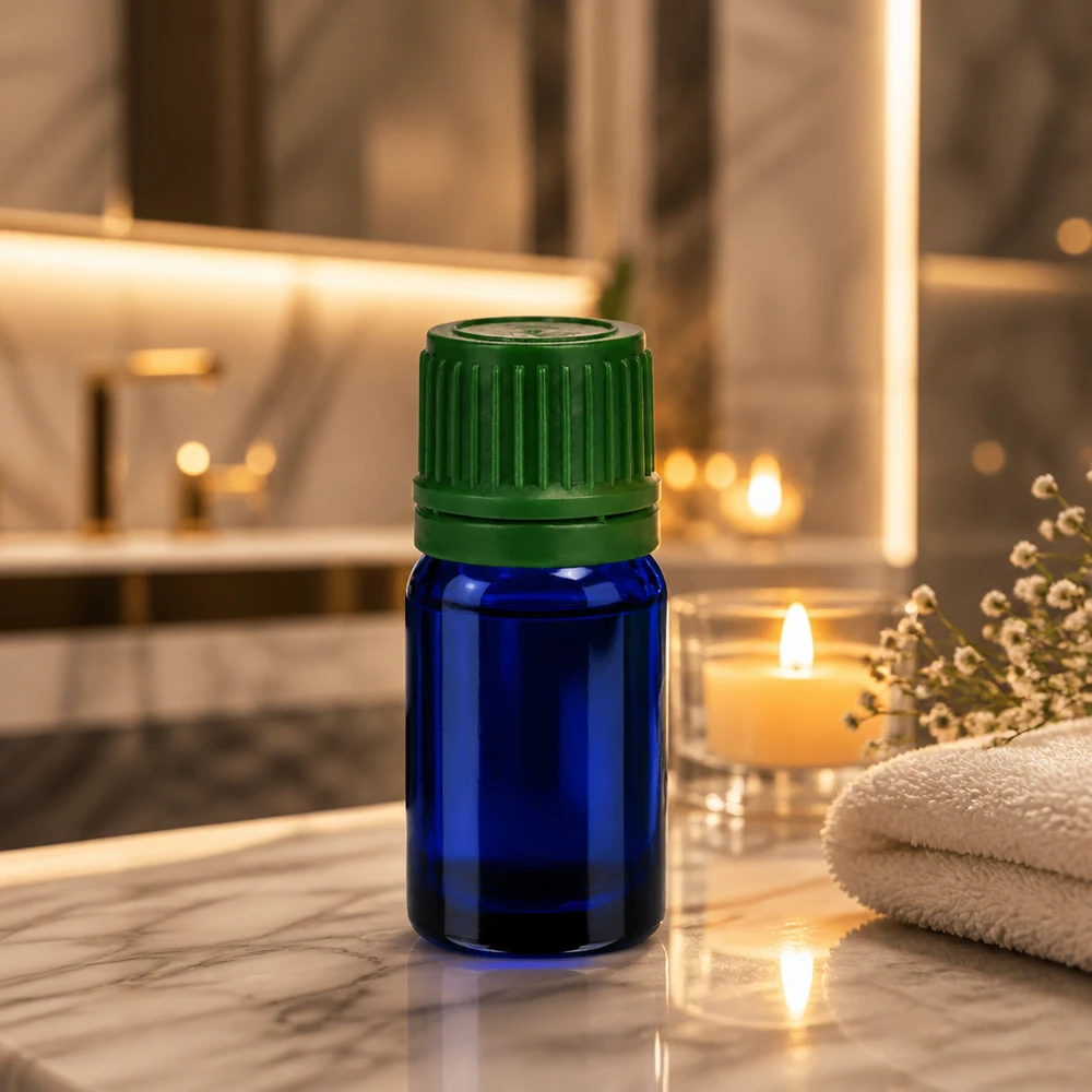 5ml lahvička 11mm šroubovací uzávěr zelený tamper-evidentní uzávěr BlueLine UT18/5 Dekorative blaue 5ml Glasflasche mit grünem Deckel als stilvolle Verpackungslösung