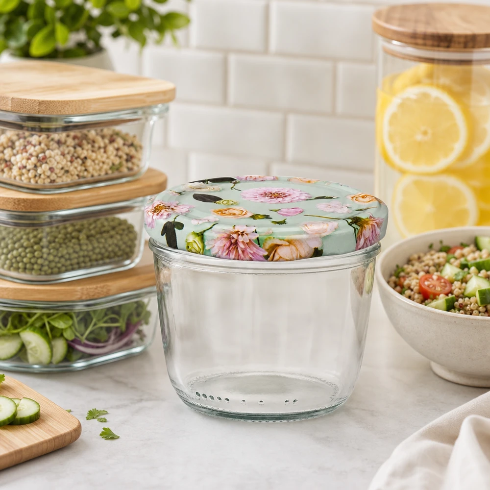 230ml Sturzglas mit BasicSeal Deckel Blume mint in stylischer Küche mit Meal Prep Bowls und Vorratsgläsern