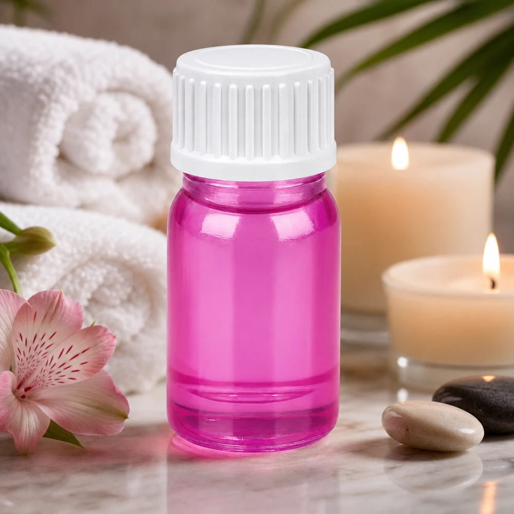 Kleine 5ml Flasche aus getöntem Glas pink mit Tropfverschluss für präzise Dosierung