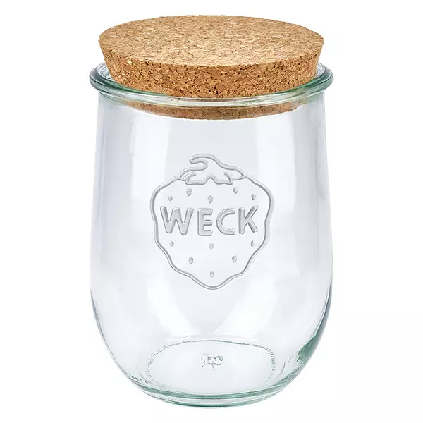1062ml tulipánová sklenice WECK RR100 s korkem přírodní WECK Tulpenglas 1062ml RR100 mit Naturkorken Deckel Einmachglas Vorratsglas transparent