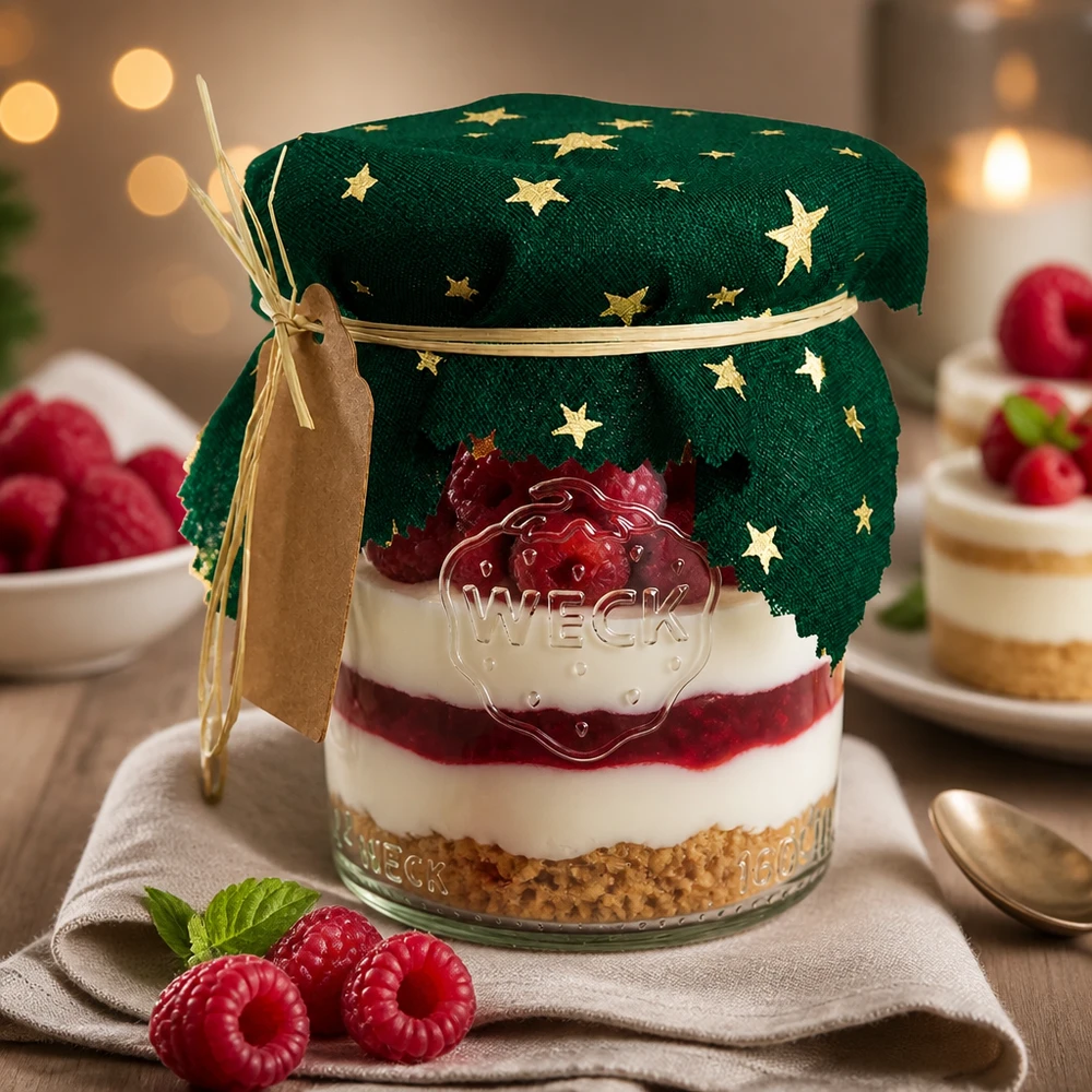 Festliches Dessert im Glas mit grünem Sterne-Schmuckdeckchen 12cm eckig, Himbeeren und Creme als Geschenkidee