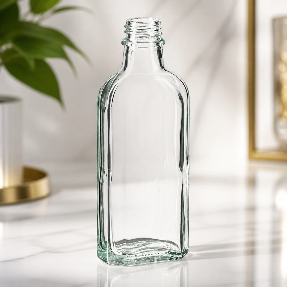 Durchsichtige Meplatflasche 100 ml DIN22 mit charakteristischer ovaler Flachform