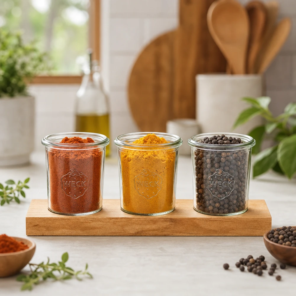 Servírovací prkénko Plano3 se 3 kelímky Weck 160 ml Weck Gläser 160ml mit Gewürzen Kurkuma und Pfeffer auf Bambus-Servierbrett in natürlicher Küchen-Atmosphäre