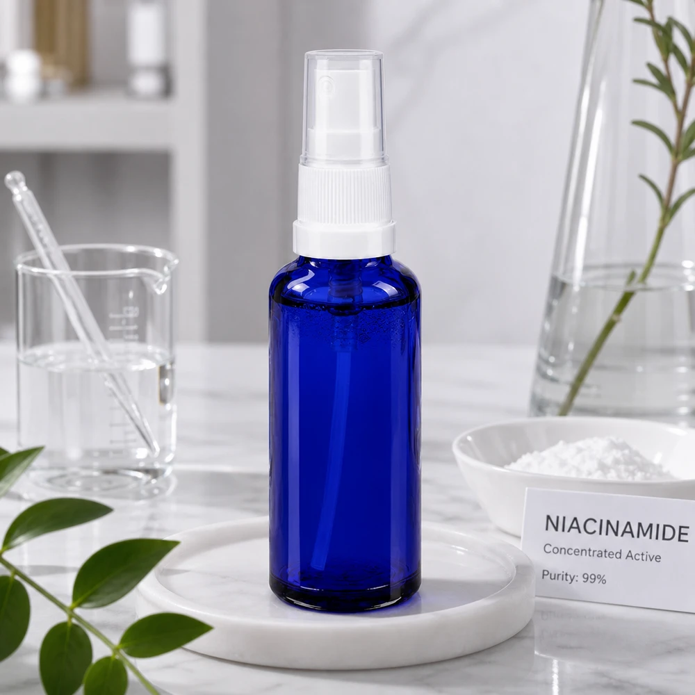Kompakte 10ml Sprühflasche aus blauem Borosilikatglas mit Feinstzerst­äuber