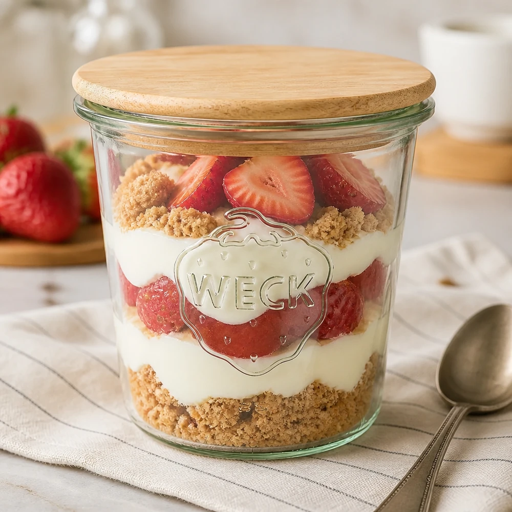 580ml tumblery WECK RR100 s dřevěným víkem buchta WECK Sturzglas 580ml als Dessertschale mit Erdbeeren und Kekskrümeln, Holzdeckel verschlossen auf Küchentisch