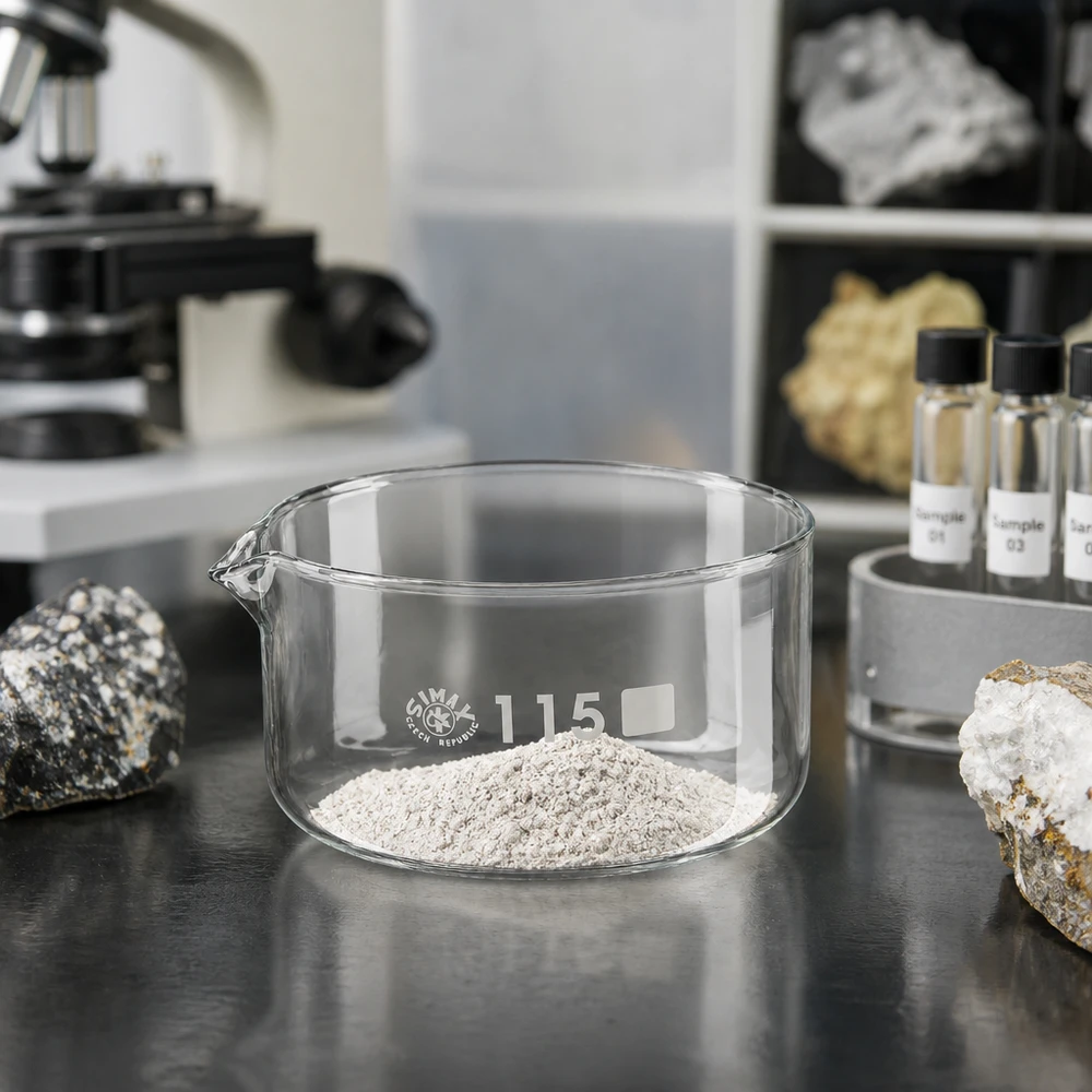 500ml krystalizační miska s výlevkou borosilikátová ø115mm Niedrige Kristallisierschale aus hitzebeständigem Borosilikatglas 500ml mit grauem Mineralpulver