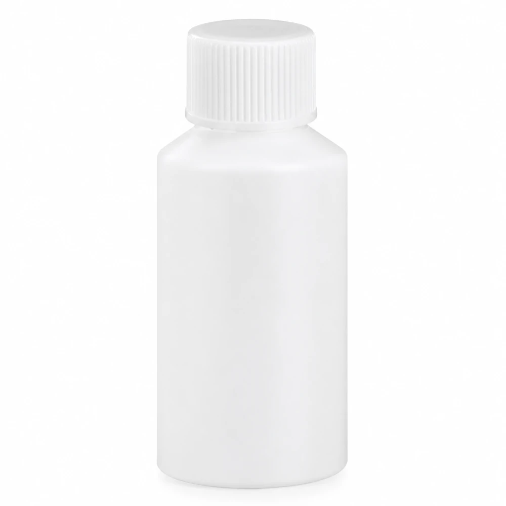 Lékárenská lahvička HDPE 50ml bílá, s bílým šroubovacím uzávěrem Bílá lékárenská lahvička z HDPE o objemu 50 ml se šroubovacím uzávěrem