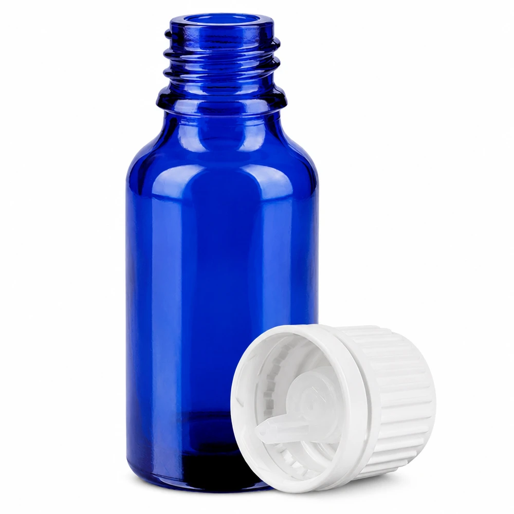20ml lahvička s kapátkem 0,7mm bílá s uzávěrem s možností manipulace BlueLine UT18/20 Professionelle 20ml Glasflasche mit Tropfeinsatz für homöopathische Mittel