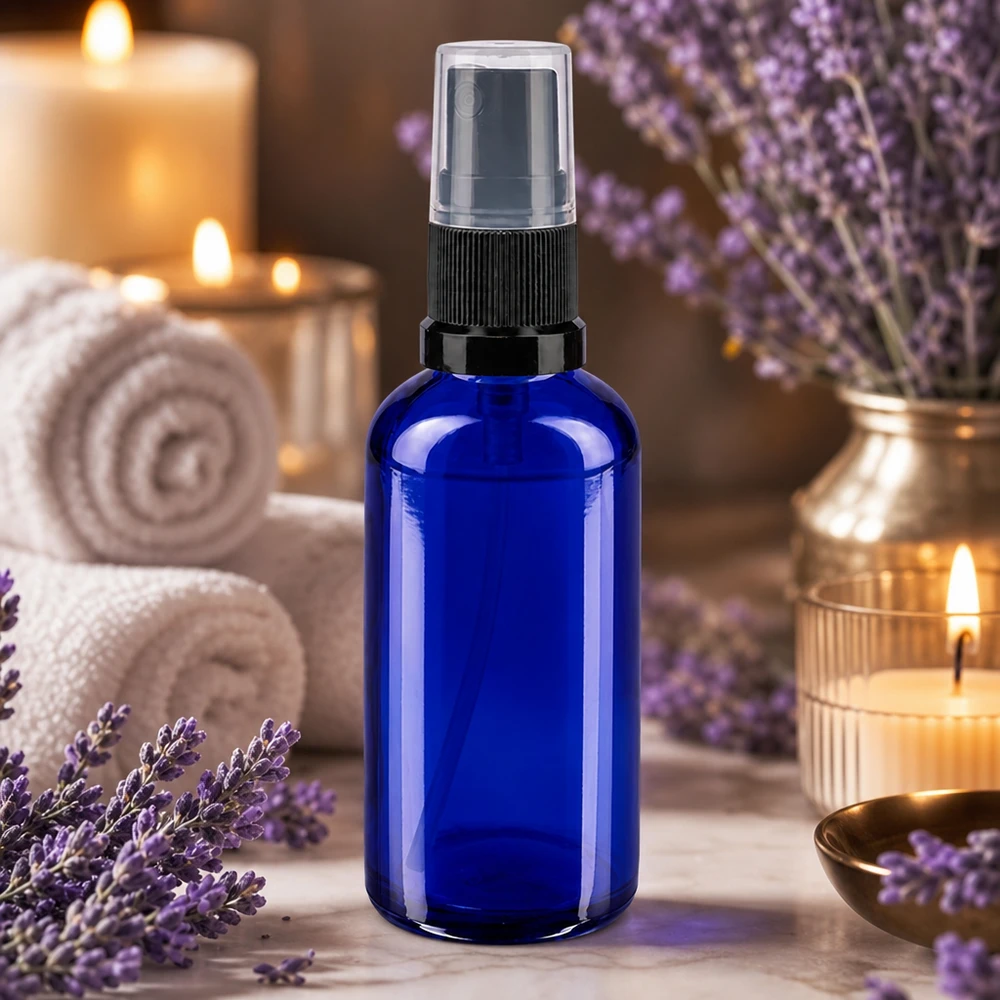 Dunkelblaue 50ml Glassprühflasche mit schwarzem Zerstäuberkopf für Naturkosmetik
