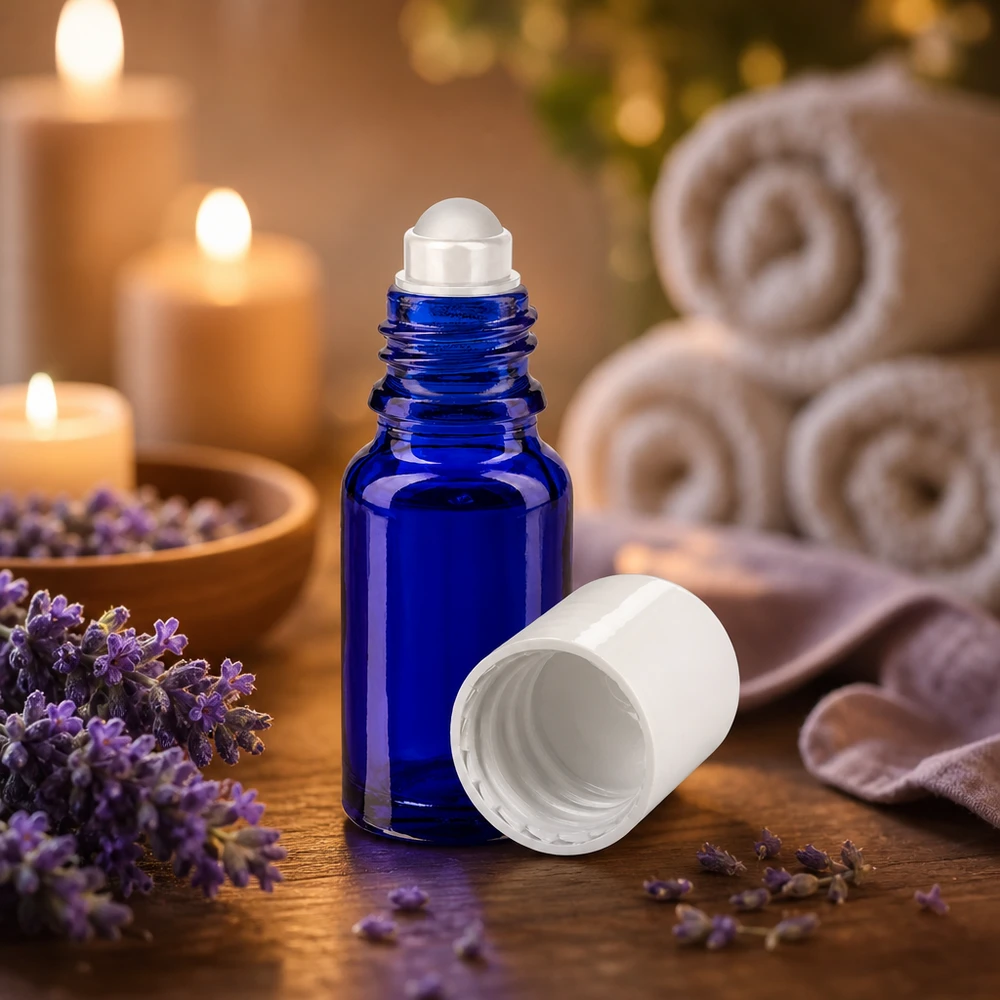 Lékárenská lahvička modrá 10ml roll-on uzávěr bílý 10ml Roll-On Applikator aus kobaltblauem Apothekerglas mit weißer Kappe im Wellness-Setting