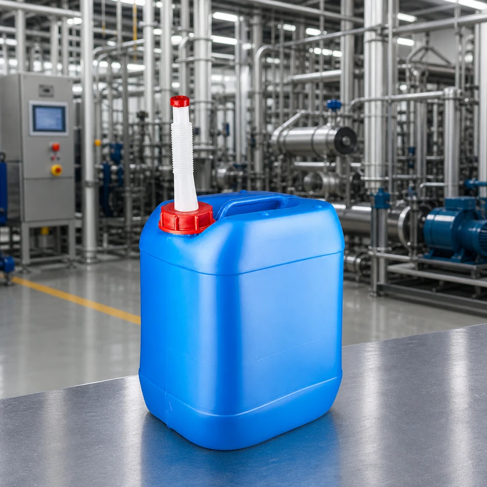 Robuster Flachkanister 20L in Blau mit weißem Auslaufstutzen für Chemie und Reinigungsmittel