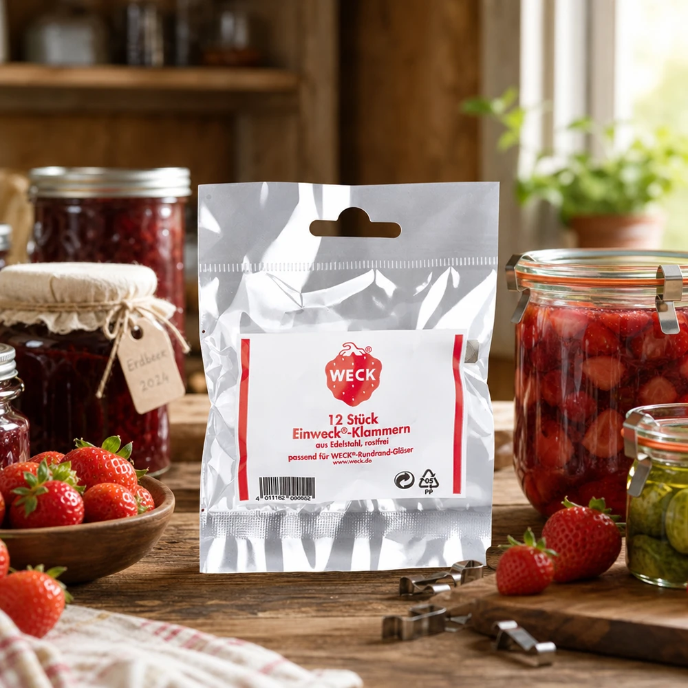 Svorky Original WECK (balení s 12 kusy) WECK Klammern Verpackung in rustikaler Küche mit Einmachgläsern Erdbeeren und Marmelade Anwendungsbeispiel