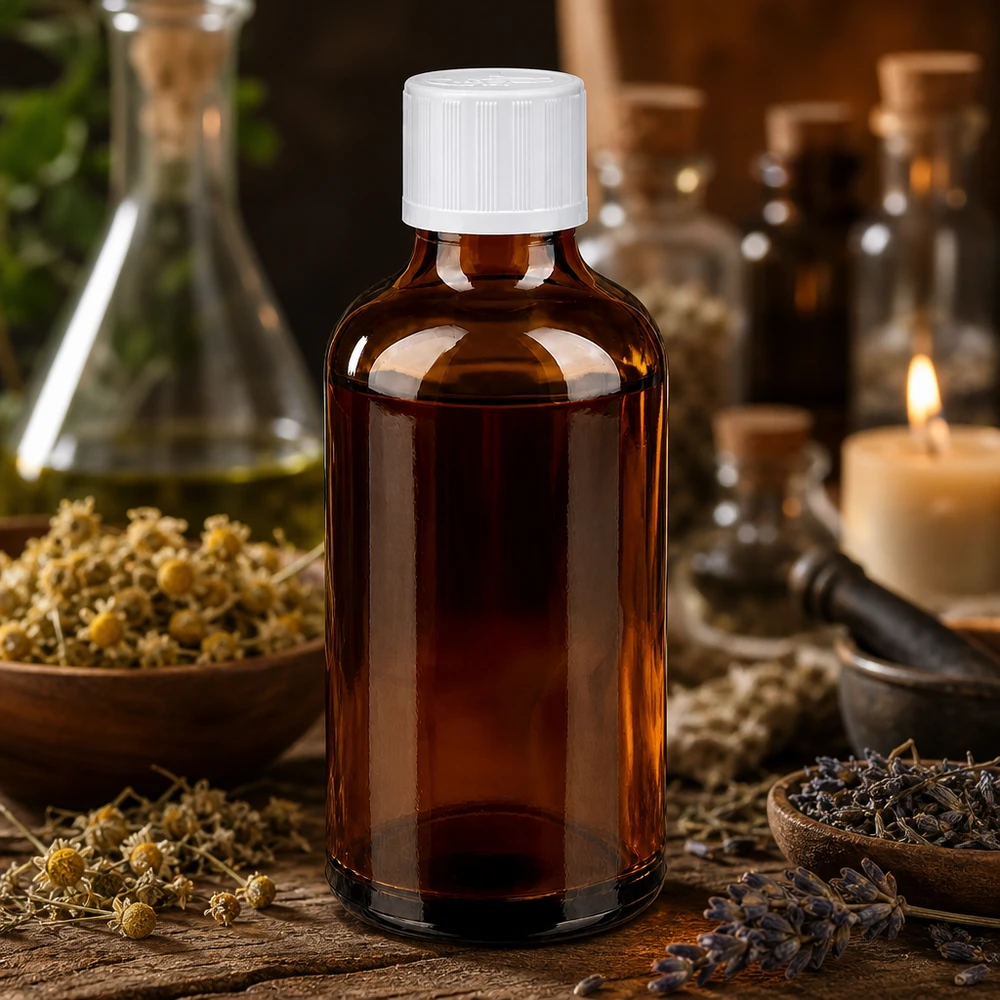 Braunglasflasche 50ml mit weißem Schraubverschluss neben Mörser Lavendel und Kerzenlicht