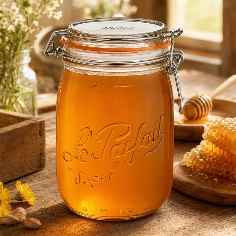 1000ml Vorratsglas "Super" mit Bügelverschluss Le Parfait® 1000ml Le Parfait Super Vorratsglas mit Bügelverschluss gefüllt mit Honig auf Holztisch mit Waben und Honiglöffel