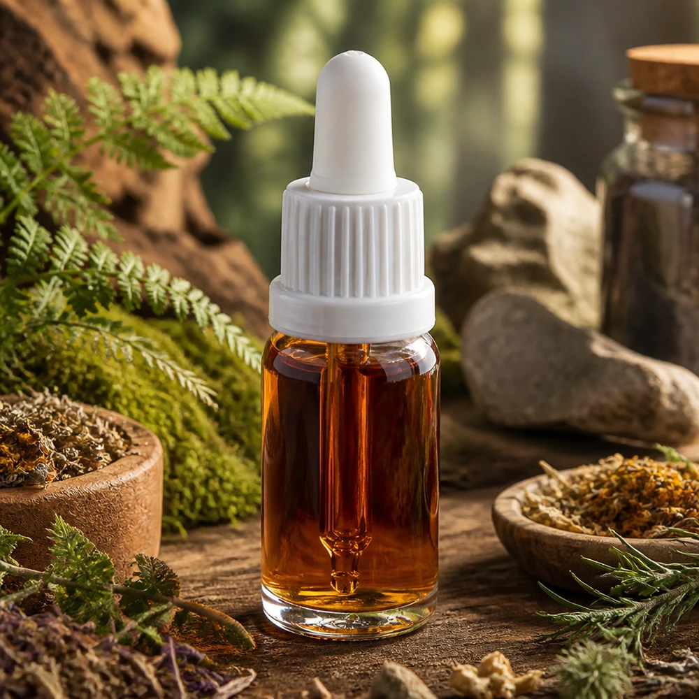 Klarglas-Pipettenflasche 10ml weiss OV zwischen getrockneten Kräutern und Natursteinen