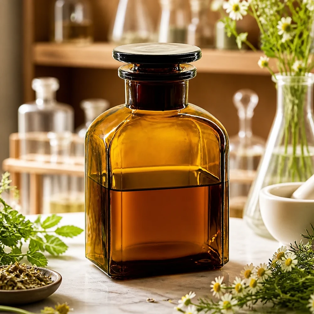 Čtvercová láhev 150ml hnědá skleněná zátka se širokým hrdlem Robuste Weithals-Flasche 150ml aus braunem Glas mit Stopfen für Laboranwendungen und Naturheilkunde