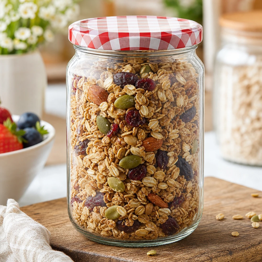 795ml Rundglas mit BasicSeal Deckel gefüllt mit Müsli und Trockenfrüchten, ideal für Vorratshaltung in der Küche
