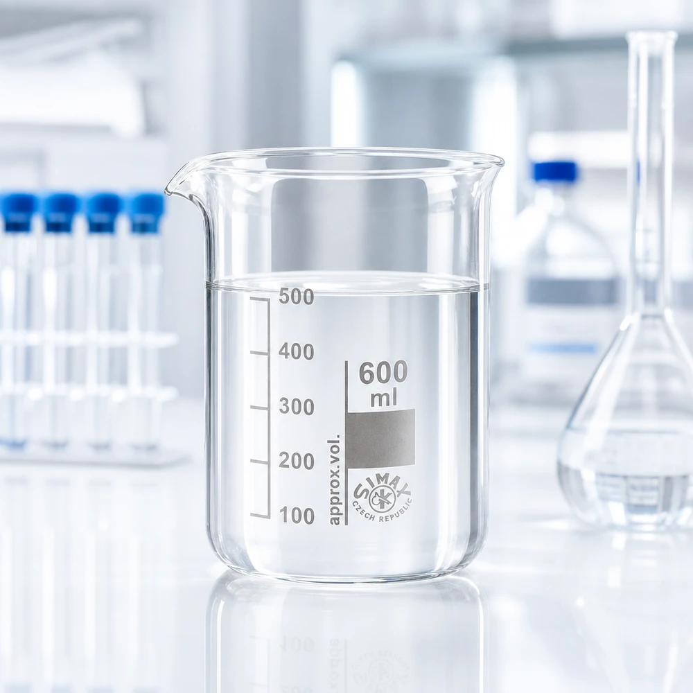 Kádinka 600 ml z borosilikátového skla, nízký tvar Klares Messglas 600ml niedrige Form mit ergonomischem Design für einfache Handhabung