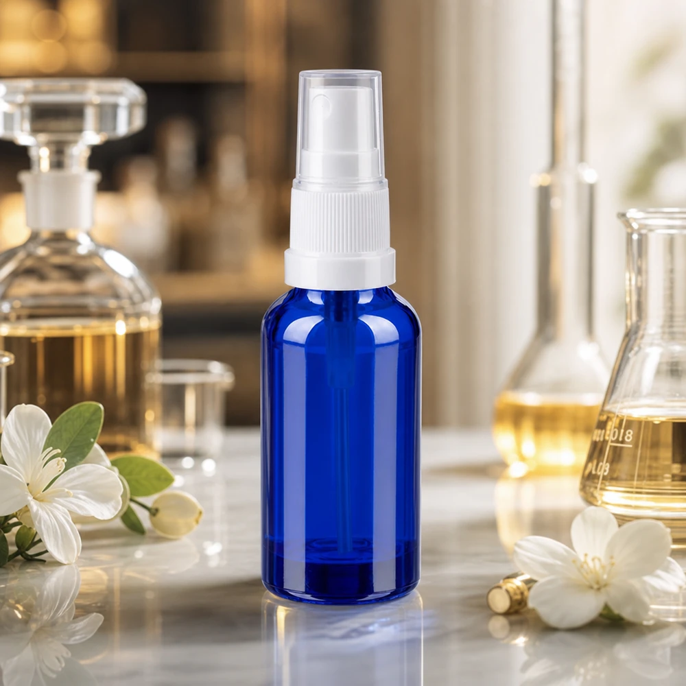 30ml lahvička s rozprašovačem bílá/transparentní standardní uzávěr BlueLine UT18/30 30ml blaue Glasflasche mit Sprühaufsatz ideal für selbstgemachte Gesichtswasser und Toner