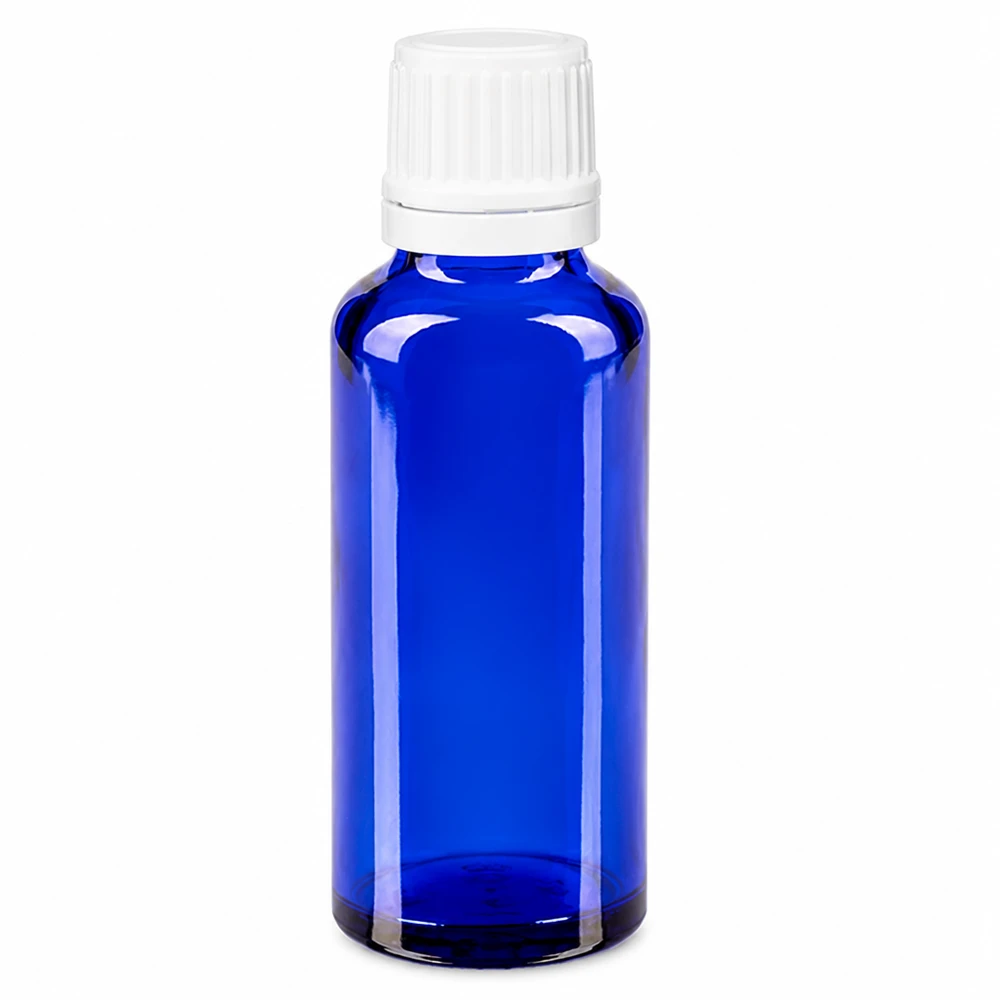 Blaue Schutzglasflasche 30ml mit Dosiertropfer ideal für ätherische Öle und Tinkturen