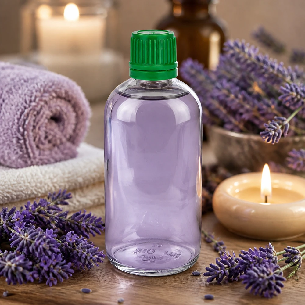 100ml Glasflasche ClearLine mit grünem Originalverschluss für Duftöle und Naturkosmetik UT18