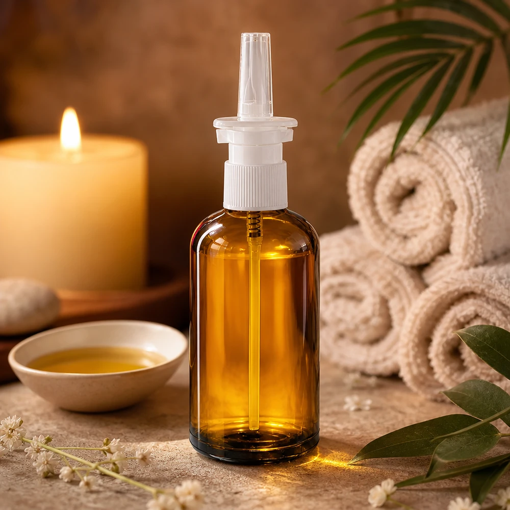 Premium braune Medizinflasche 100ml mit transparentem Sprühaufsatz für Nasentherapie