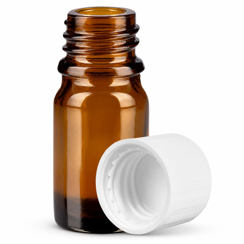 5ml láhev 11mm šroubovací uzávěr bílý standardní dětská pojistka BrownLine UT18/5 Präzise 5ml Braunglasflasche mit kindersicherem Verschluss für sichere Aufbewahrung von Wirkstoffen