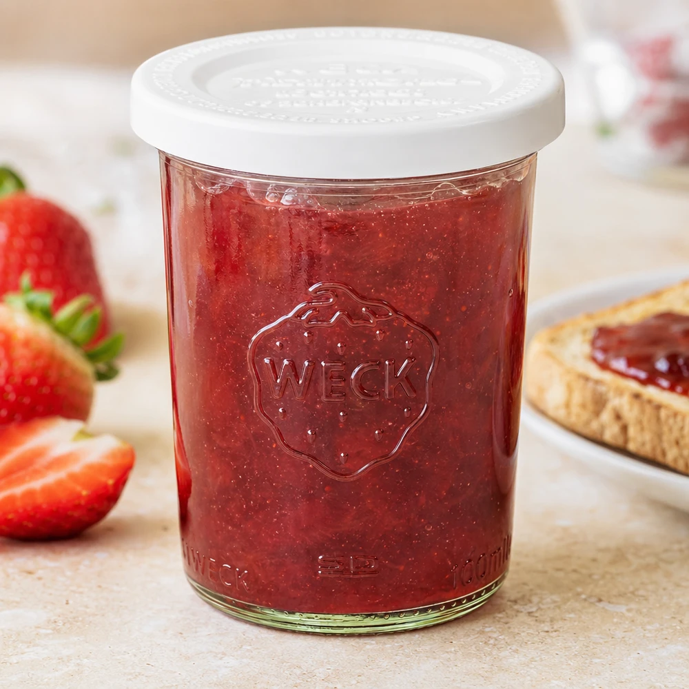 WECK Einmachglas 160ml mit Erdbeermarmelade und weißem Frischedeckel, daneben frische Erdbeeren und Brot mit Marmelade