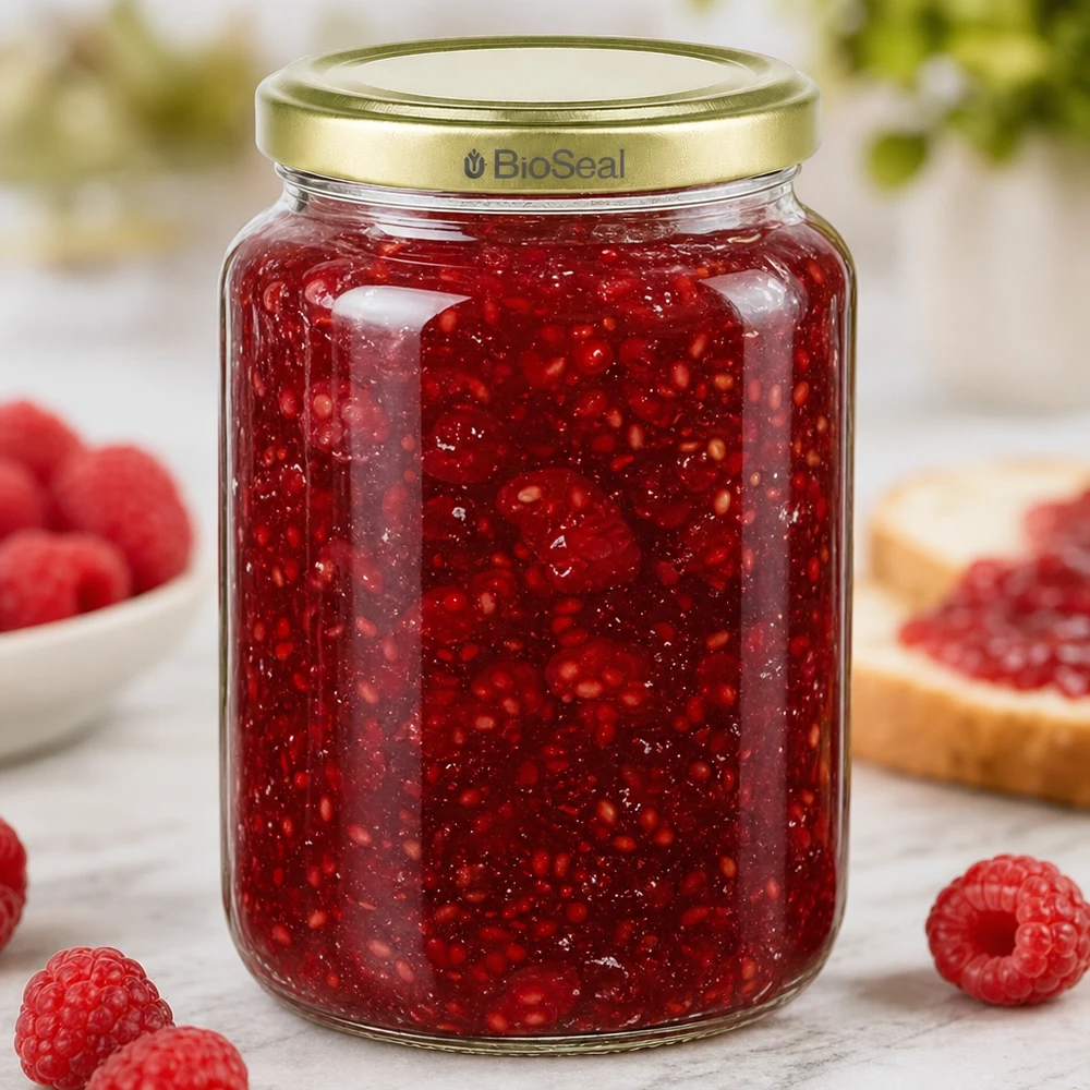1000g Honigglas befüllt mit roter Himbeermarmelade zeigt praktische Verwendung für Einmachen und Aufbewahrung