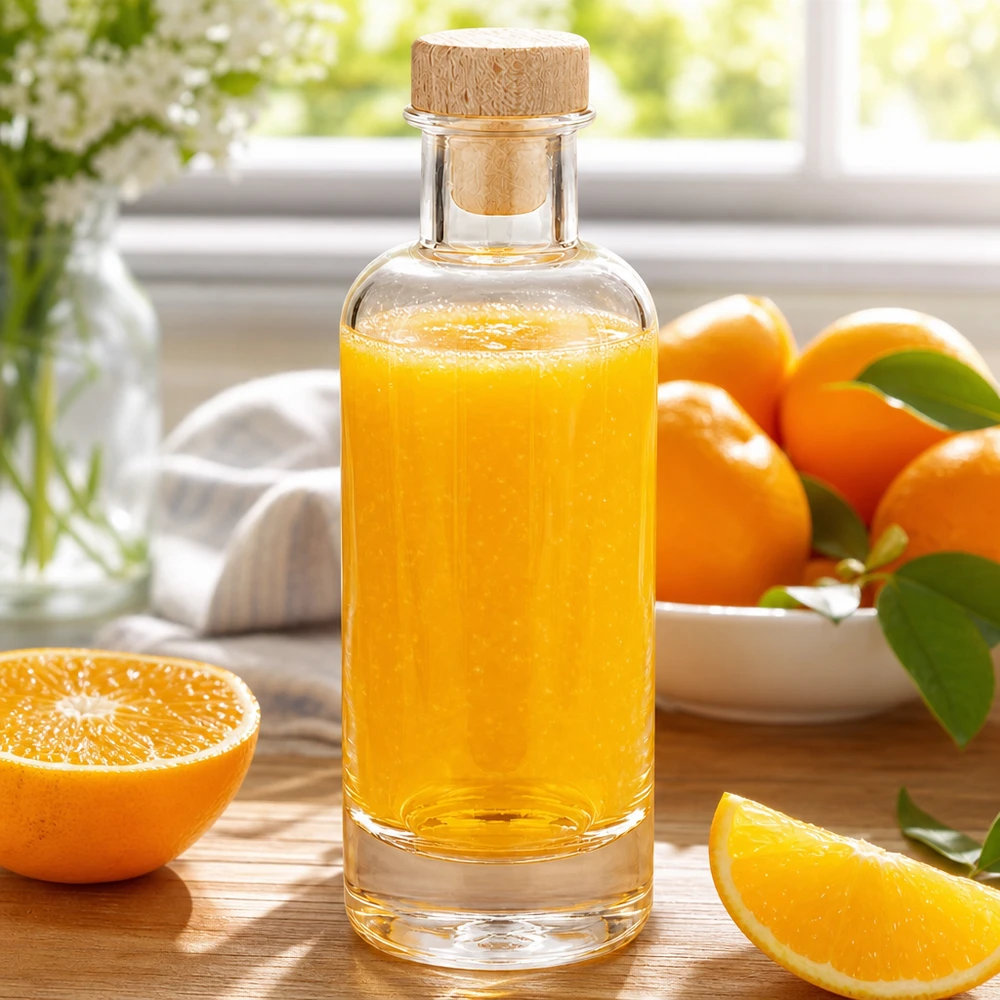 200ml Glasflasche Ella mit Holzkorken gefüllt mit Orangensaft neben aufgeschnittenen Orangen auf Holzbrett