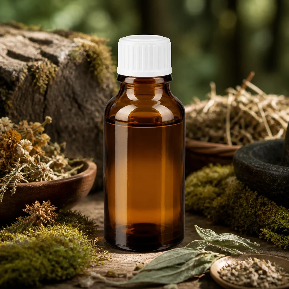 Kompakte Braunglas-Arzneiflasche 20ml mit präzisem 0,9mm Tropfeinsatz in Naturambiente