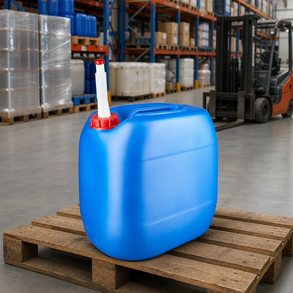 Kanystr 30 litrů modrý s výpustným potrubím Flex Tragbarer Vorratsbehälter 30L blau mit rotem Schraubverschluss und Flex-Auslaufrohr auf Palette