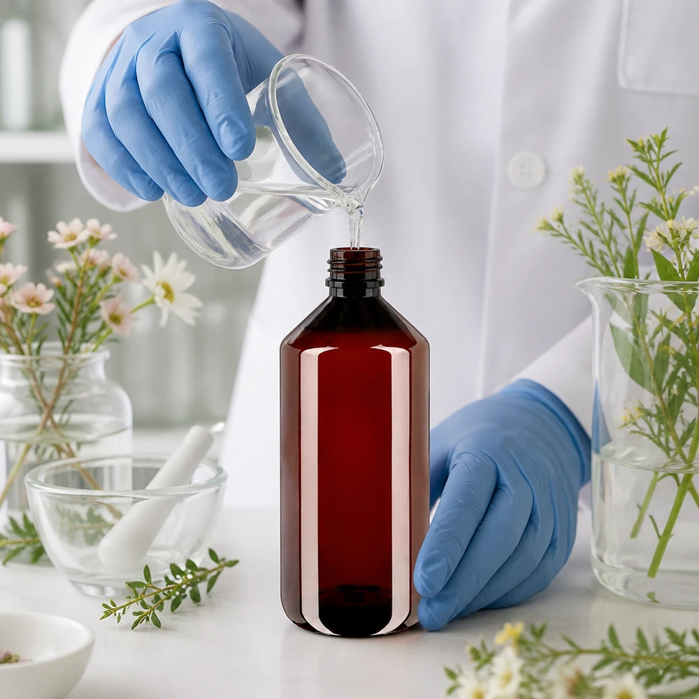 PET láhev 1000ml s bílým rýhovaným uzávěrem s ochranou proti manipulaci. Laborant plní kapalinu do hnědé 1000ml PET láhve s rýhovaným uzávěrem typu OV