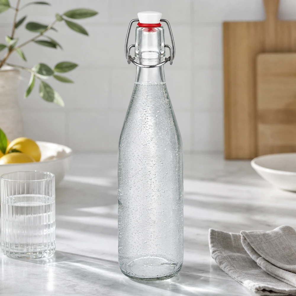 Skleněná láhev 500ml + otočný vršek z porcelánu UNiTWIST - zde. 500ml Glasflasche mit Bügelverschluss gefüllt mit Sprudelwasser in moderner Küche neben Glas und Besteck