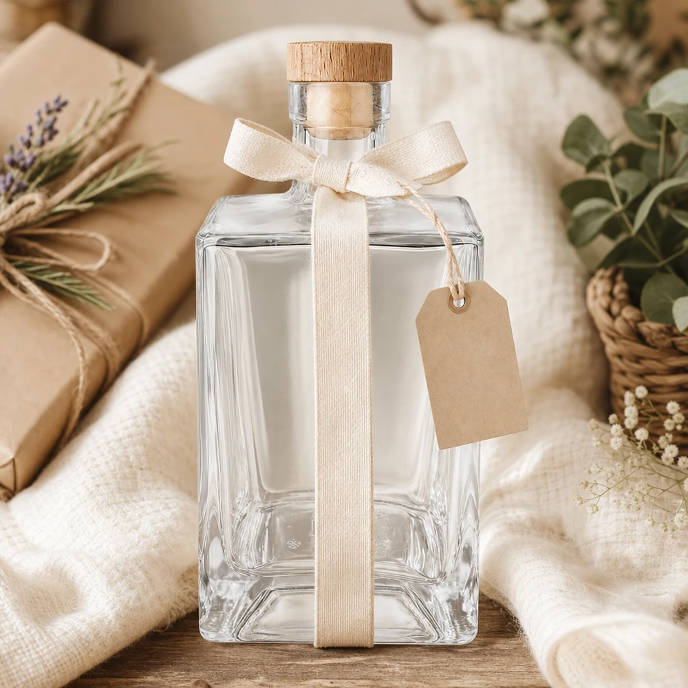 700ml Glasflasche Ben als Geschenk dekoriert mit cremefarbenem Band Anhänger natürliche Verpackung Holzkorken UNiTWIST