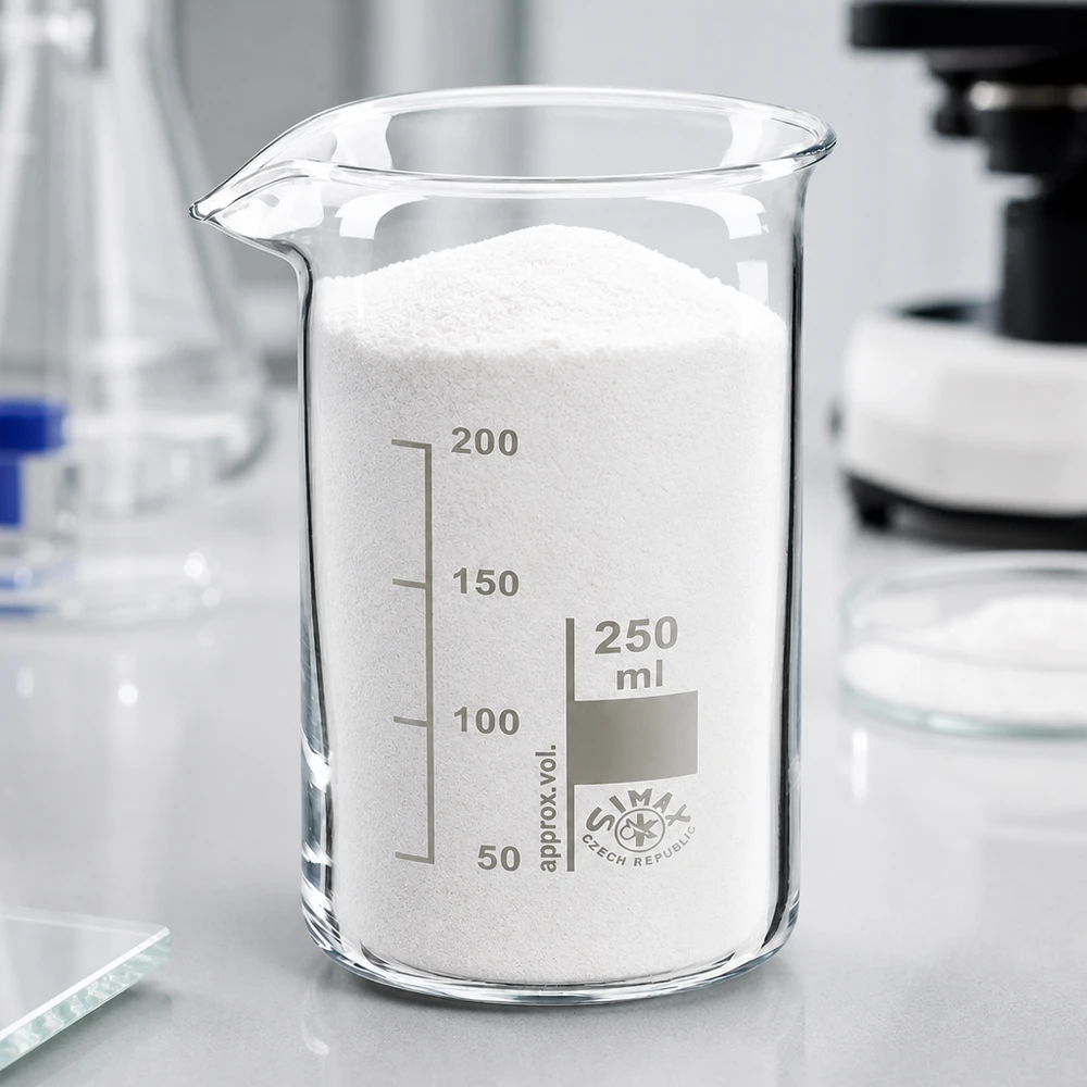 Kádinka 250ml z borosilikátového skla, vysoký tvar Becherglas 250ml hohe Form Borosilikatglas mit Pulverfüllung im professionellen Laborumfeld