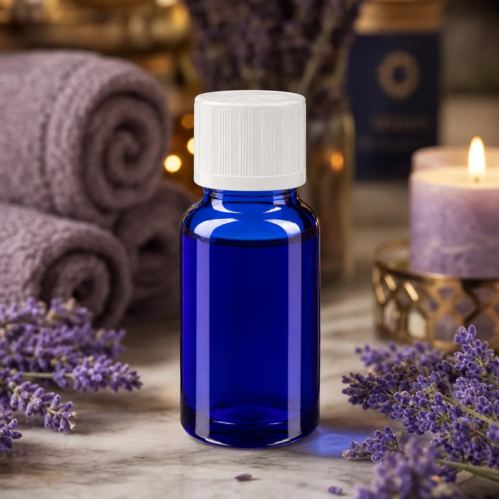 Lékárenská lahvička modrá 10ml kapátko bílý uzávěr odolný proti otevření dětmi standard. Royalblaue Miniaturglasflasche 10ml mit weißem Sicherheitsverschluss und Dosiereinsatz