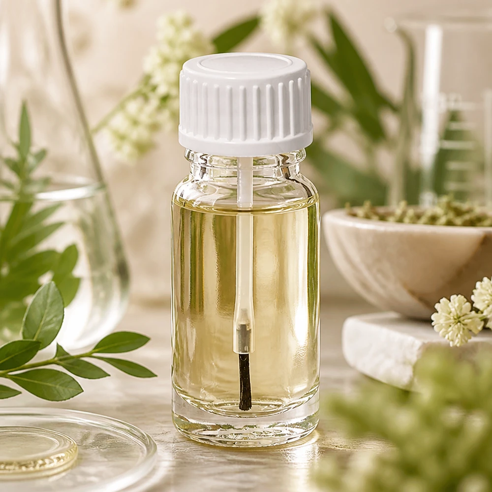 10ml lahvička na kartáčky bílá standardní uzávěr ClearLine UT18/10 UT18/10 Glasflakon 10ml weißer Schraubpinsel befüllt mit gelblichem Öl auf hellem Naturhintergrund