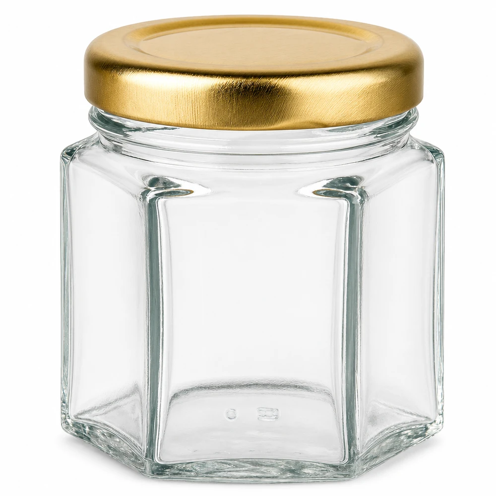 60g Honigglas sechseckig mit goldenem Schraubdeckel BasicSeal UT transparent leer für Honig und Marmelade