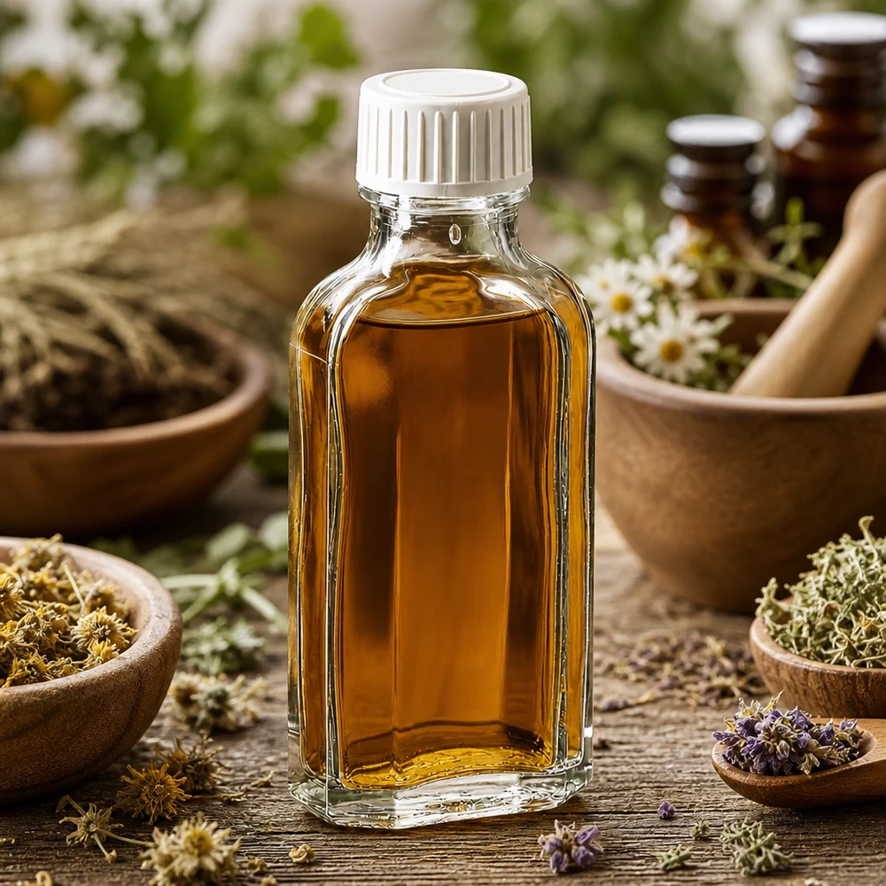 Meplat Flasche 50ml mit bernsteinfarbenem Inhalt auf rustikalem Holztisch mit Kräuterdeko
