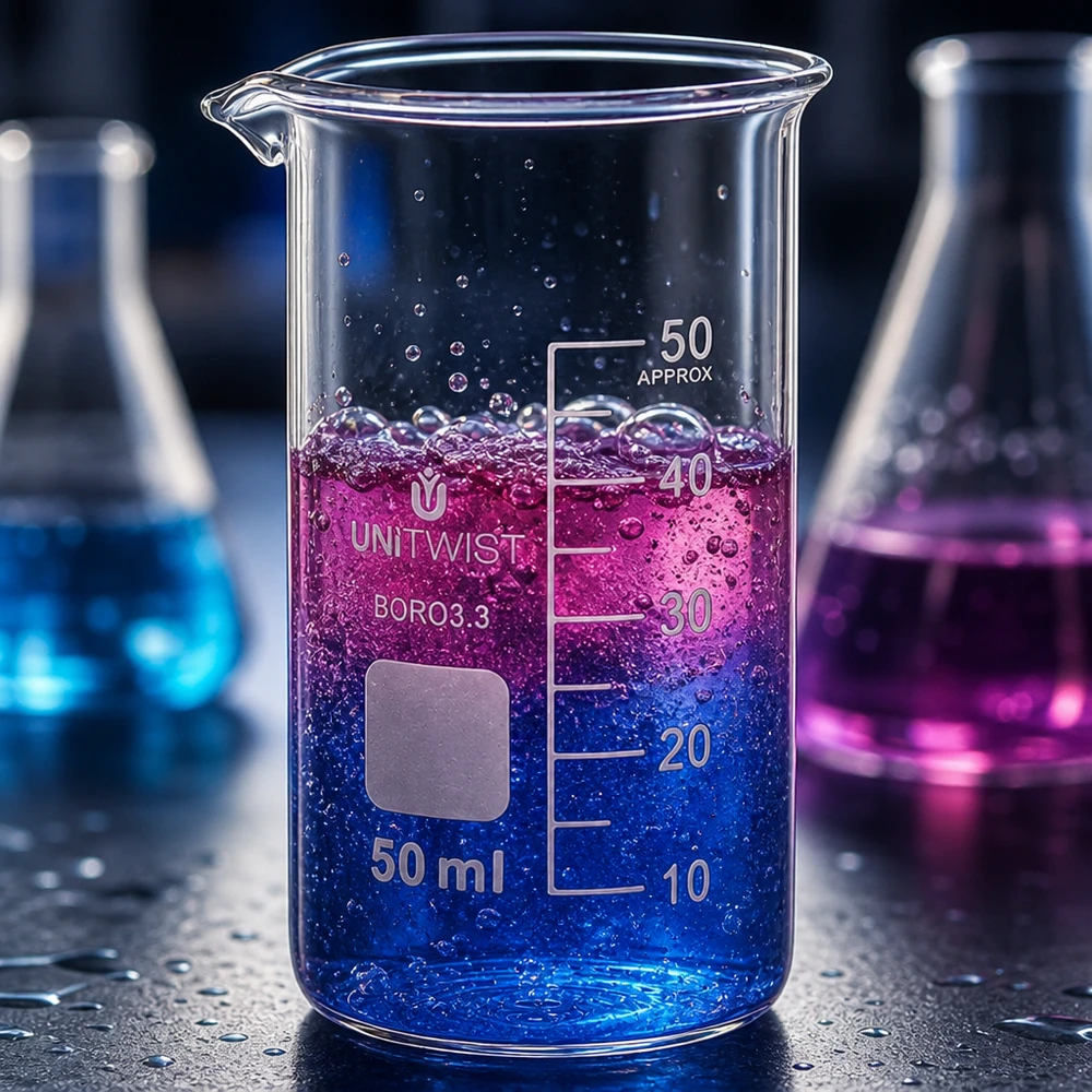 Kádinka 50ml borosilikátová, vysoká forma UNiTWIST UNITWIST Borosilikat Becherglas 50ml hohe Form mit zweifarbiger Flüssigkeit und Ausguss