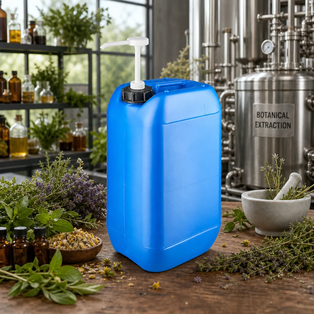Vierkantkanister blau 15 Liter mit Dosierpumpe ideal für Aromatherapie und Kräuterverarbeitung