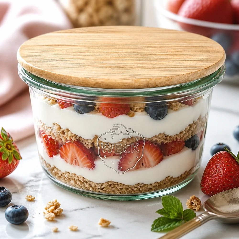 WECK Mini Sturzglas 50ml als Dessertschale mit Joghurt-Beeren-Schichtdessert und Bambusdeckel auf weißem Marmortisch