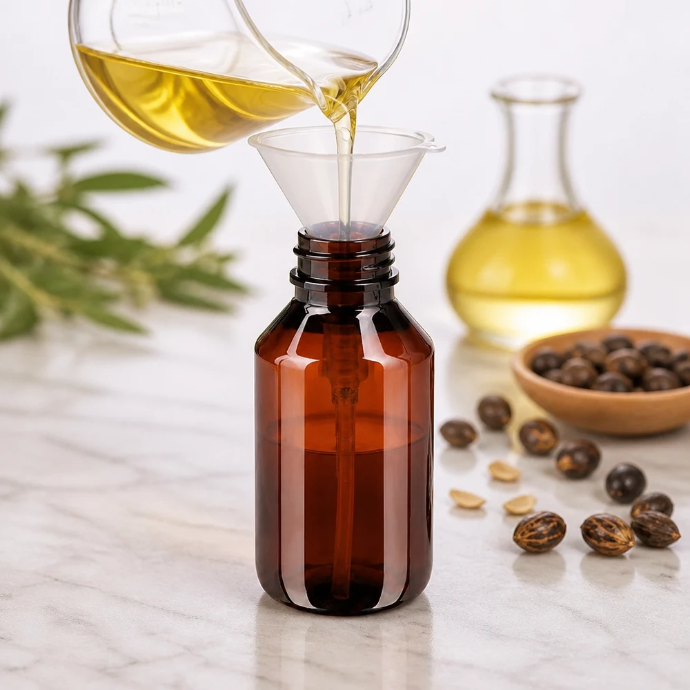 PET láhev 50ml s dávkovací pumpičkou bílá Professionelle Ölabfüllung in 50ml PET Flasche bernsteinfarben mit weisser Pumpe