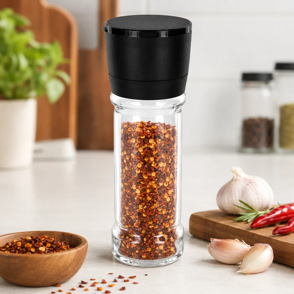 Kompakte Salzmühle Vario 100ml mit schwarzem Mahlkopf und zylindrischem Klarglasbehälter